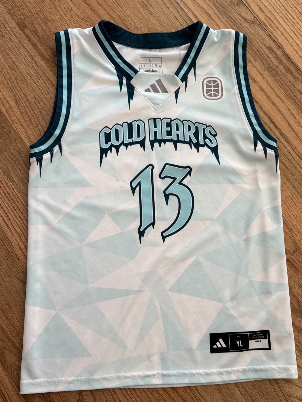 adidas Cold Hearts Youth Jersey in Light Blue and White with Teal Trim